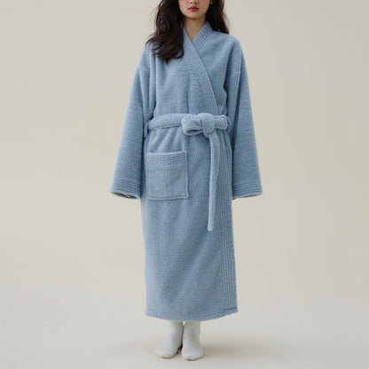 Women's Plush Fleece Robe – Long Kimono Style Bathrobe for Winter Warmth & Relaxation at Home