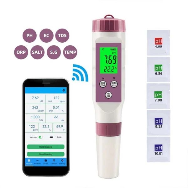 Digital Salinity Tester for Pools | 7-in-1 Smart Pool Water Test Kit with Bluetooth App | Salt, pH, ORP, EC & TDS Meter
