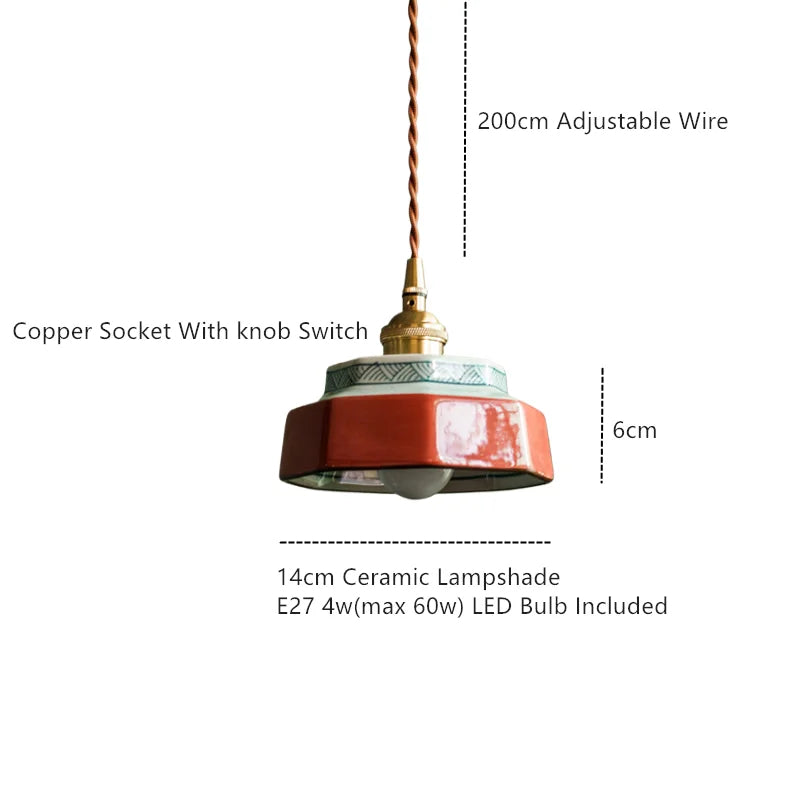 Ceramic Hanging Lamp with Hand-Painted Design & Copper Socket for Kitchen Island, Dining Room, Bedroom & Cafe | Scandinavian Style Fixture