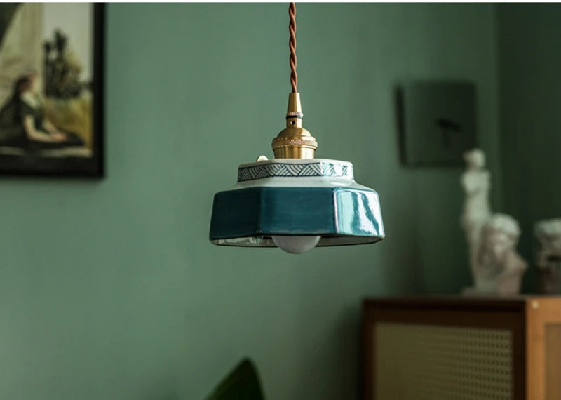 Ceramic Hanging Lamp with Hand-Painted Design & Copper Socket for Kitchen Island, Dining Room, Bedroom & Cafe | Scandinavian Style Fixture