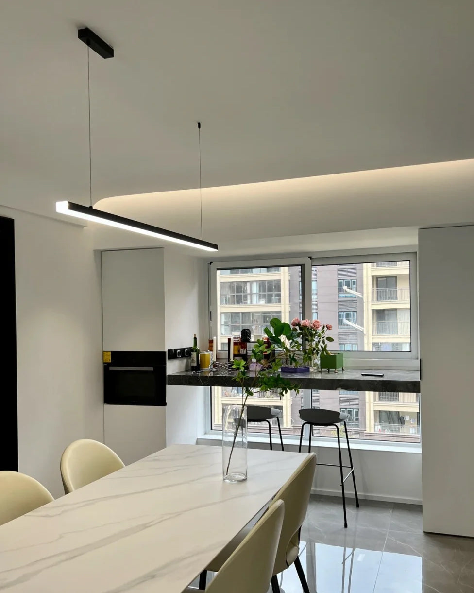 Suspended LED Strip Fixture for Countertop Islands – Dimmable Metal Bar Light with Remote in Matte or Gloss White – 39 to 102 in Adjustable