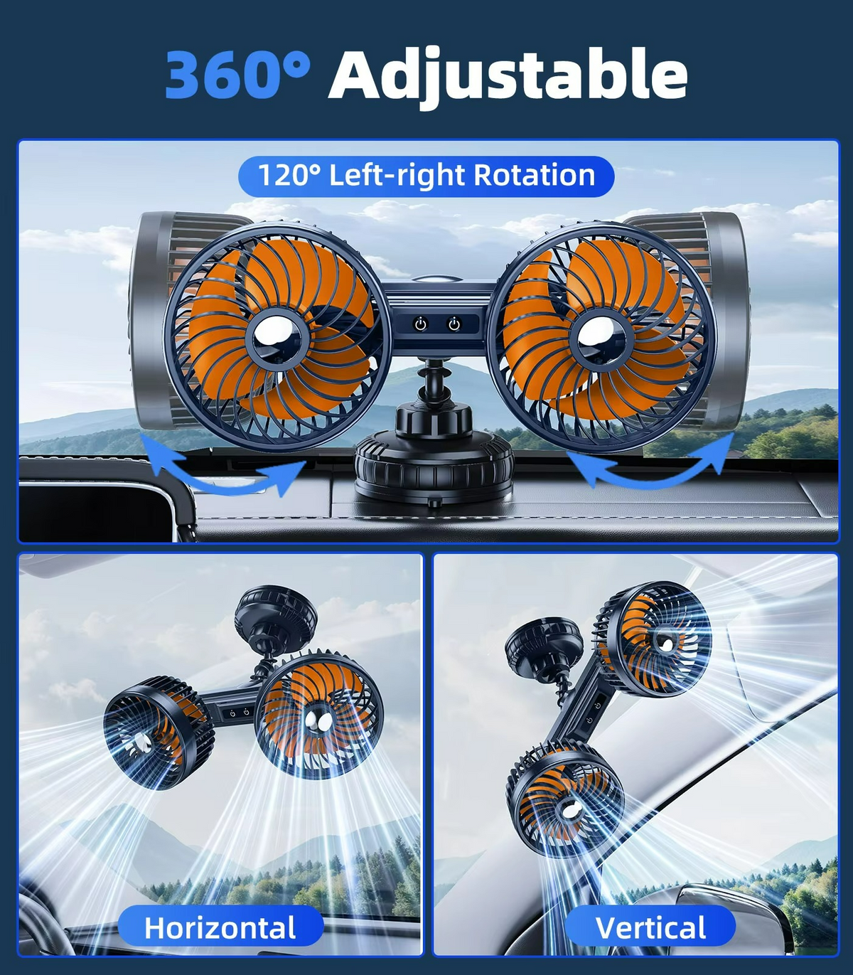 Rechargeable Car Fan with Suction Mount – 3-Speed Silent Cooling for Vehicles