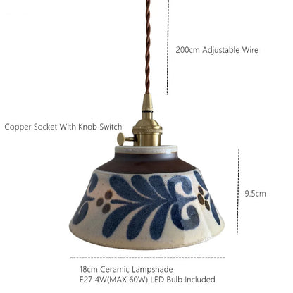 Ceramic Hanging Light Fixture with Unique Floral Designs for Kitchen, Dining Room, Cafe | Artisan Crafted Copper Hardware Pendant Lamp