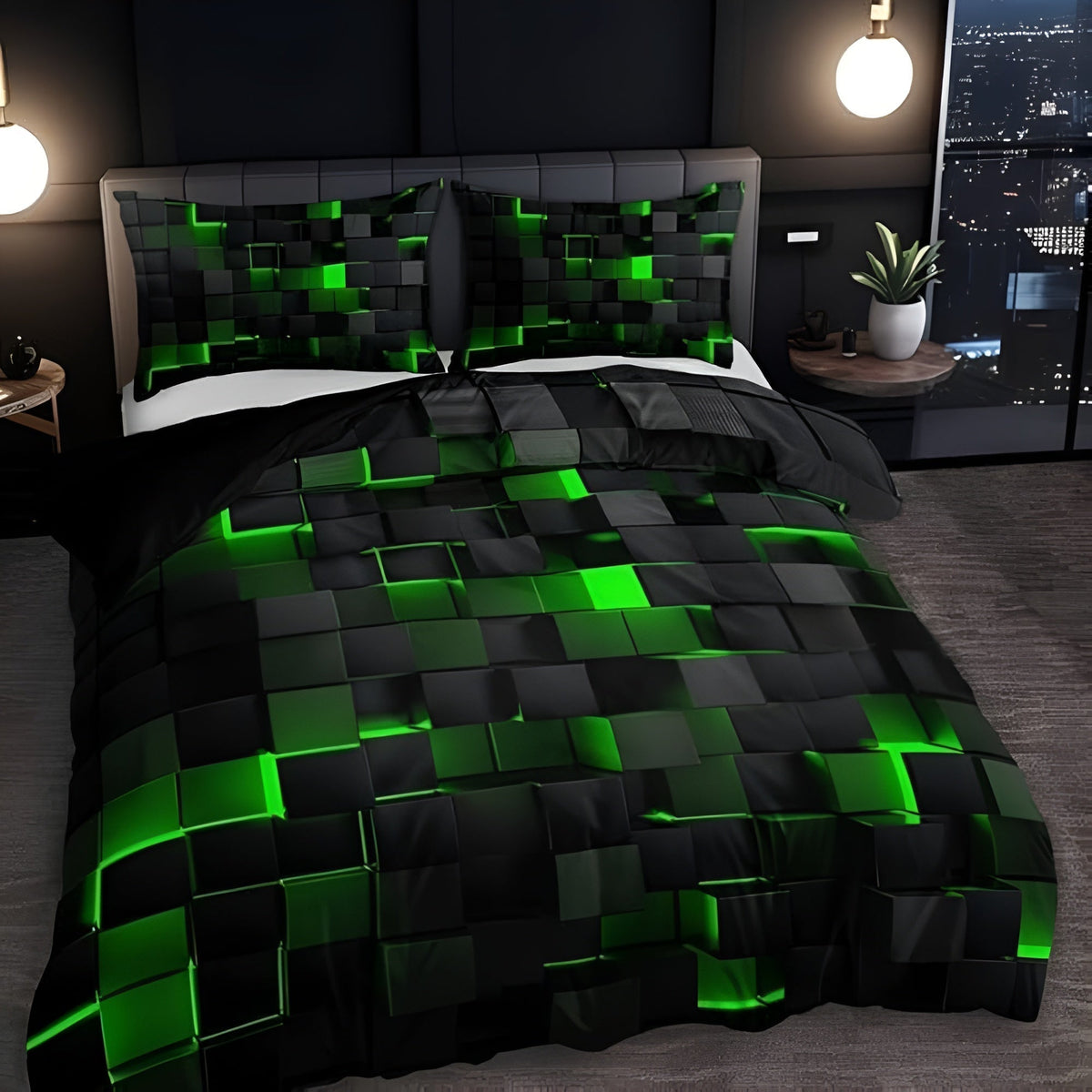 Neon Grid Comforter Cover Set with Pillowcases – 3D Geometric Cyberpunk Bedding for Modern Bedroom Decor – Breathable Microfiber