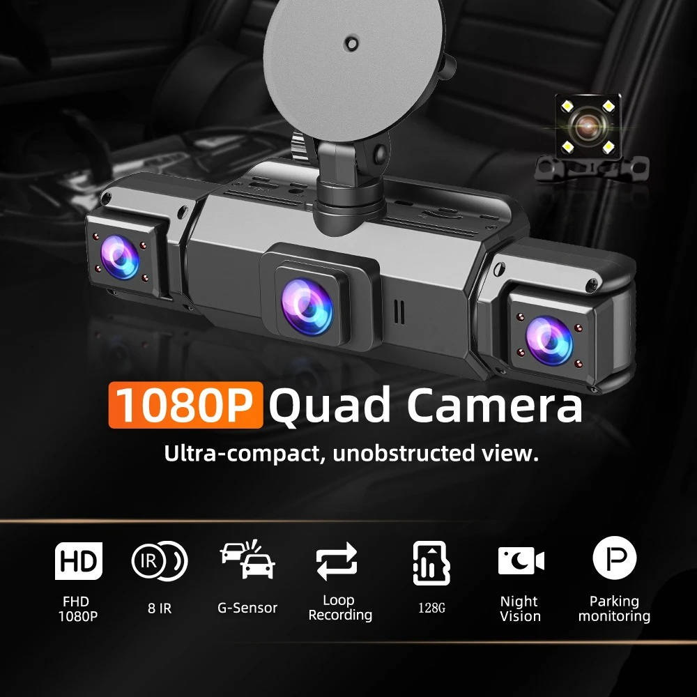 4-Camera 1080P Vehicle Recording System with Infrared Vision – Front Rear Side Surveillance Monitor for Cars Trucks SUVs