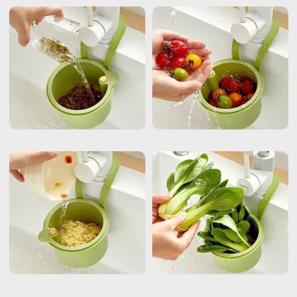 Over-Sink Colander Basket with Dual-Layer Filter for Produce Rinsing and Food Scrap Collection 8×6×5 Inches BPA-Free Kitchen Organizer