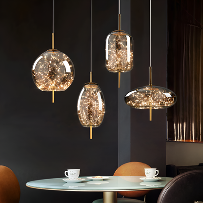 Glass Hanging Fixture with Adjustable Cord for Dining Table & Kitchen Island | Modern Suspended Light in Amber or Gray | Oval Sphere Capsule