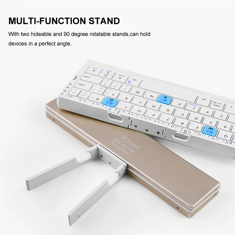 Portable Folding Wireless Keyboard with Integrated Tablet Stand for iPad Android iOS Devices Multi-Device Pairing Rechargeable Travel Typing