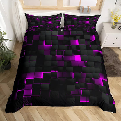 3-Piece Neon Grid Duvet Cover Set – Geometric Microfiber Bedding for Year-Round Comfort – Twin, Full, Queen, King Sizes – Modern Gaming
