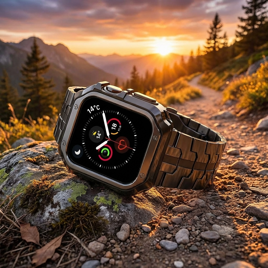 Metal Link Band & Protective Case Set for Apple Watch – Adjustable Bracelet with Matching Frame, Butterfly Clasp & Sizing Tool for Series