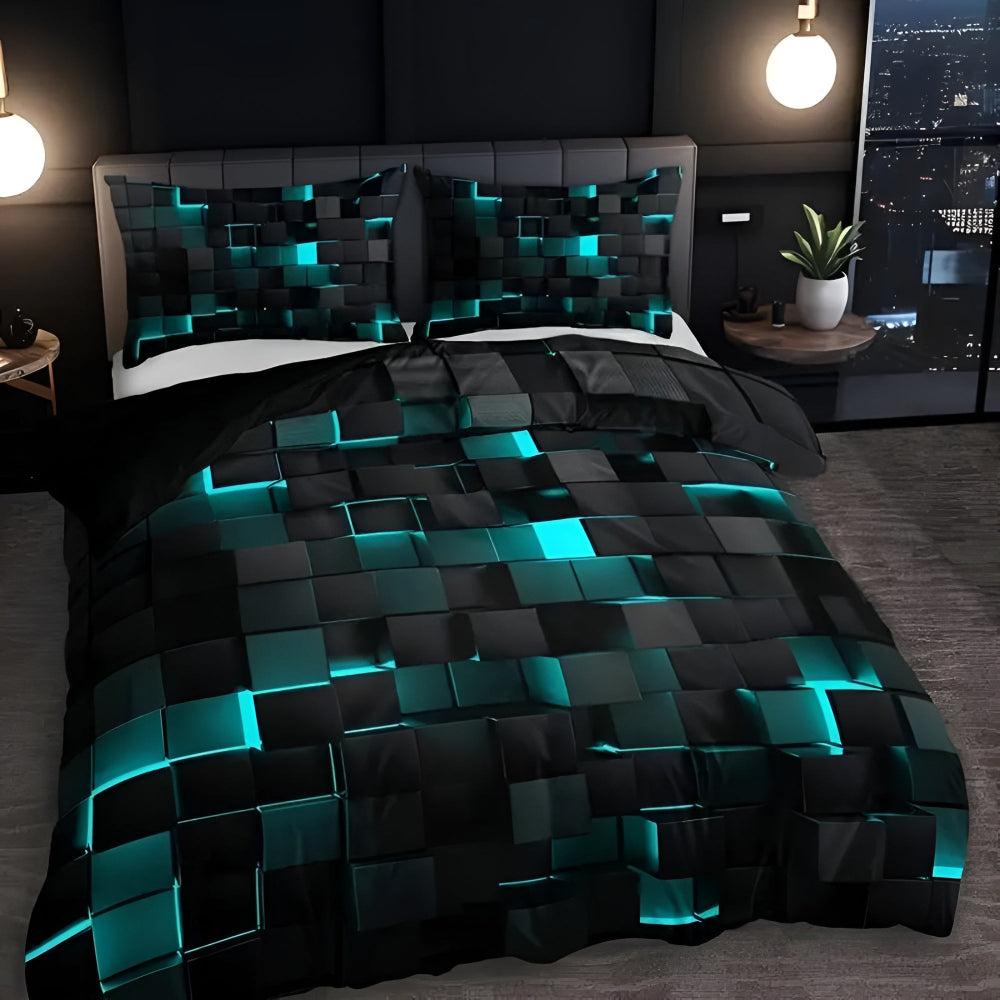 3-Piece Neon Grid Duvet Cover Set – Geometric Microfiber Bedding for Year-Round Comfort – Twin, Full, Queen, King Sizes – Modern Gaming