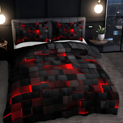 Neon Grid Comforter Cover Set with Pillowcases – 3D Geometric Cyberpunk Bedding for Modern Bedroom Decor – Breathable Microfiber