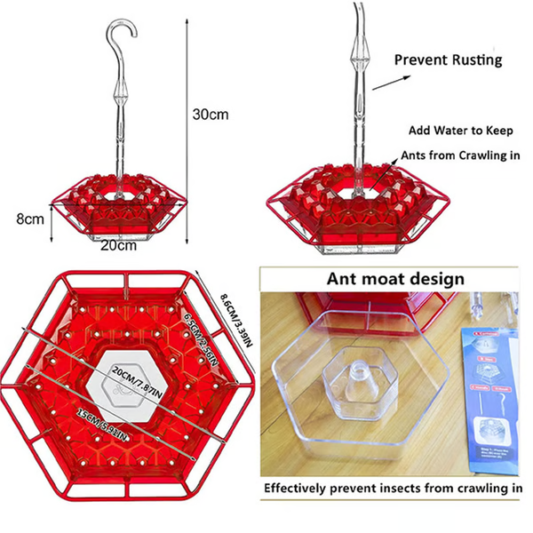 Red Glass Hummingbird Feeder 30 Feeding Ports Clear Reservoir with Ant Moat Hook for Backyard Garden Patio Outdoor Bird Watching