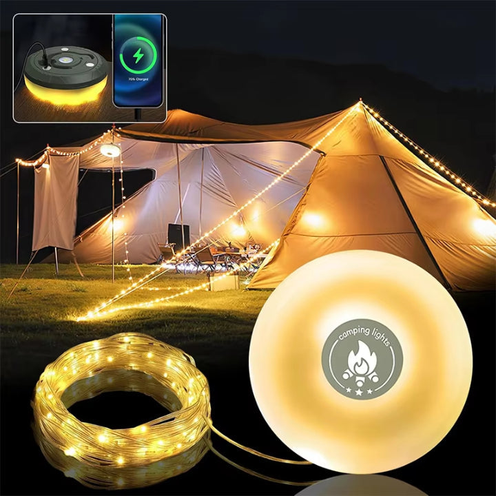 Rechargeable LED Lantern Flashlight with 33-Foot RGB String Lights & Power Bank for Camping Tents Festivals Outdoor Adventures Magnetic Hook