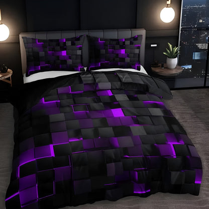 3-Piece Neon Grid Duvet Cover Set – Geometric Microfiber Bedding for Year-Round Comfort – Twin, Full, Queen, King Sizes – Modern Gaming