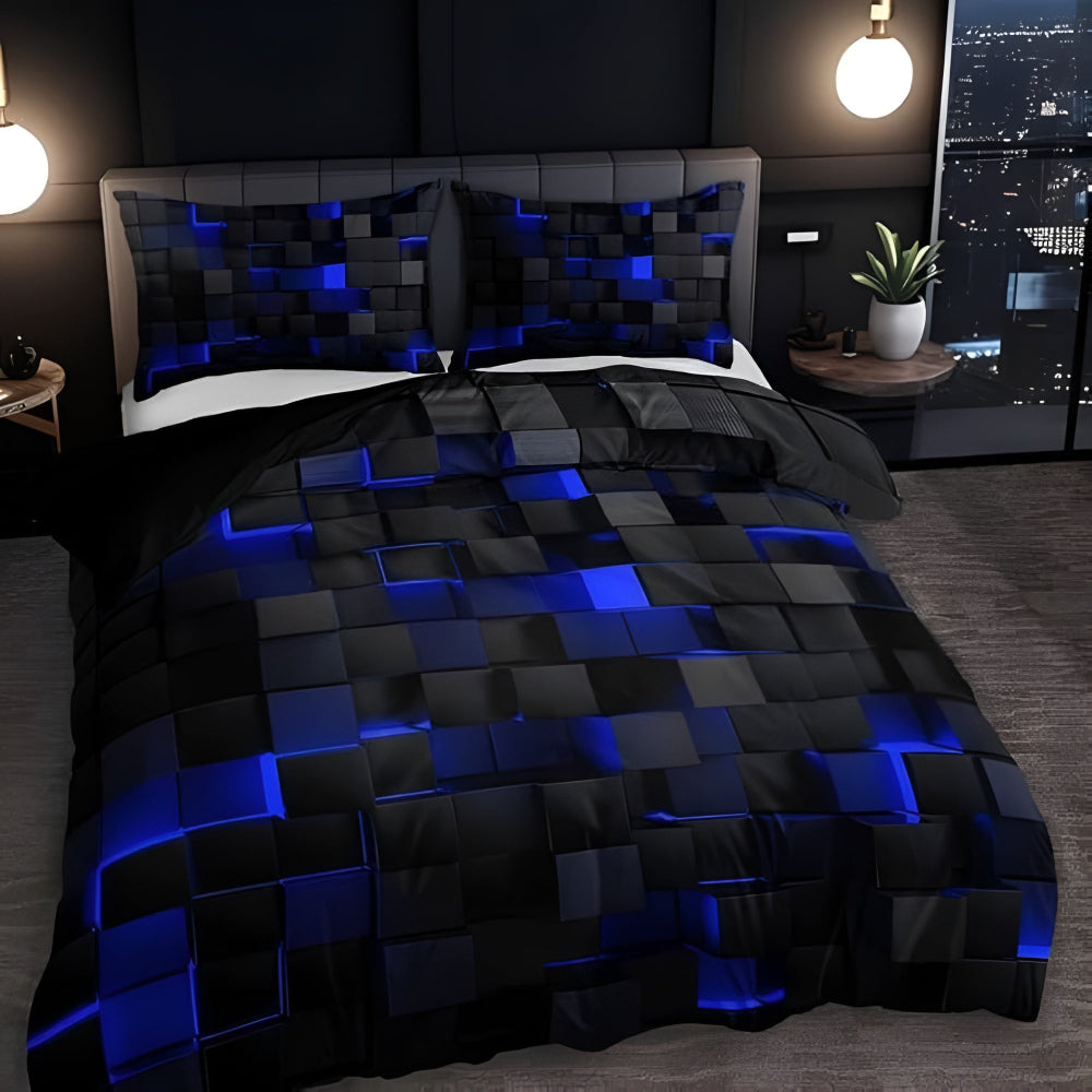 3-Piece Neon Grid Duvet Cover Set – Geometric Microfiber Bedding for Year-Round Comfort – Twin, Full, Queen, King Sizes – Modern Gaming
