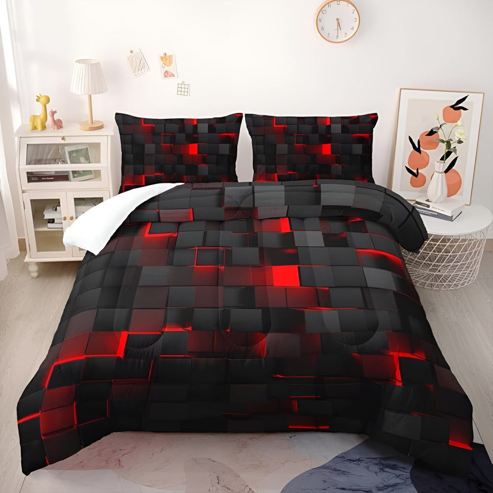 3-Piece Neon Grid Duvet Cover Set – Geometric Microfiber Bedding for Year-Round Comfort – Twin, Full, Queen, King Sizes – Modern Gaming