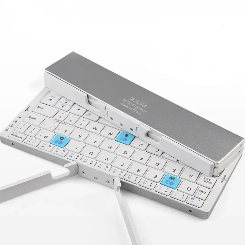 Portable Folding Wireless Keyboard with Integrated Tablet Stand for iPad Android iOS Devices Multi-Device Pairing Rechargeable Travel Typing