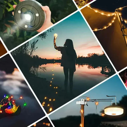 Rechargeable LED Lantern Flashlight with 33-Foot RGB String Lights & Power Bank for Camping Tents Festivals Outdoor Adventures Magnetic Hook