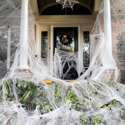 Spider Webs with Spiders 200 sq ft, Giant Spider Web Halloween Door Decoration, Halloween Party Decor with Fake Spiders