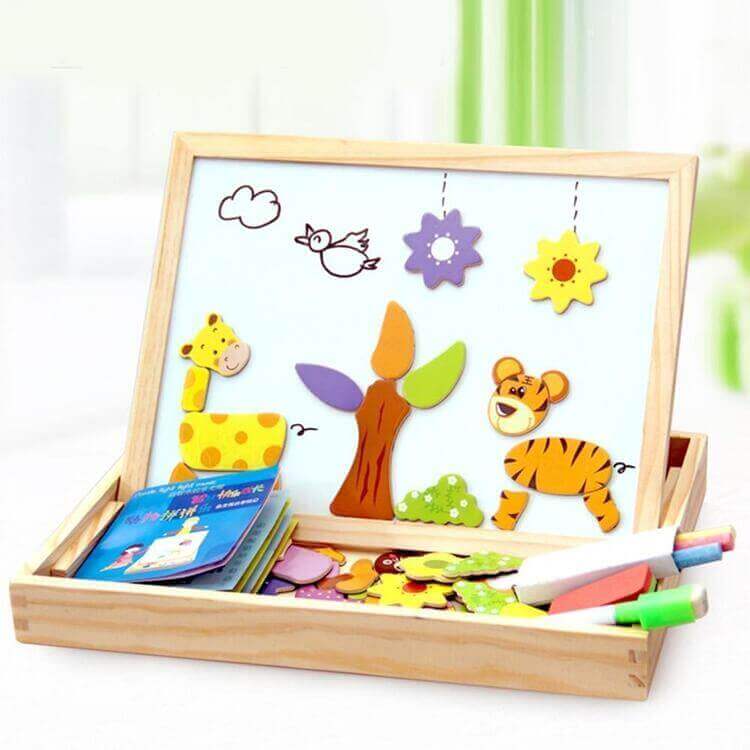 Double-Sided Wooden Drawing & Puzzle Board for Kids – Magnetic Pieces, Dry-Erase & Chalkboard, Travel Storage Case