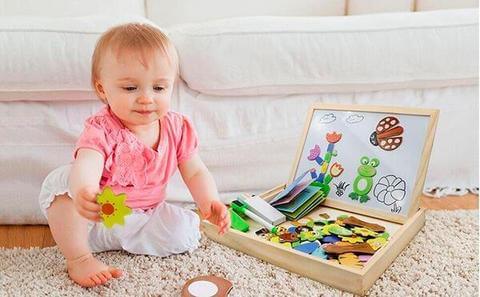 Double-Sided Wooden Drawing & Puzzle Board for Kids – Magnetic Pieces, Dry-Erase & Chalkboard, Travel Storage Case