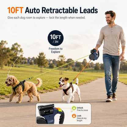 Ortekor Dual Dog Leash – 360° Tangle-Free Retractable with LED Light & Built-In Poop Bag Holder