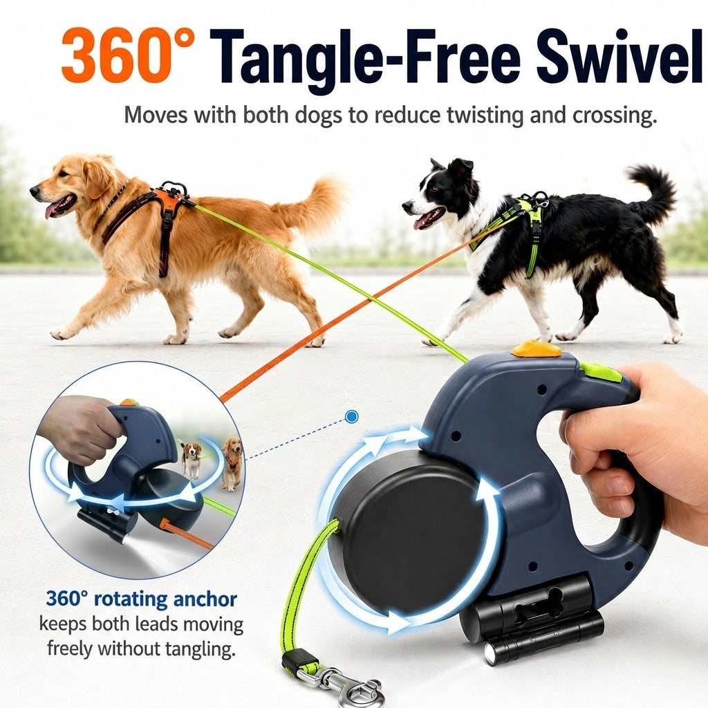 Ortekor Dual Dog Leash – 360° Tangle-Free Retractable with LED Light & Built-In Poop Bag Holder