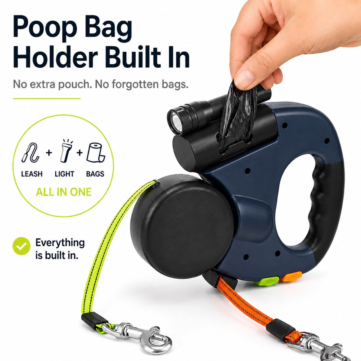 Ortekor Dual Dog Leash – 360° Tangle-Free Retractable with LED Light & Built-In Poop Bag Holder
