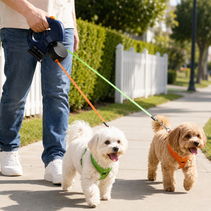 Ortekor Dual Dog Leash – 360° Tangle-Free Retractable with LED Light & Built-In Poop Bag Holder