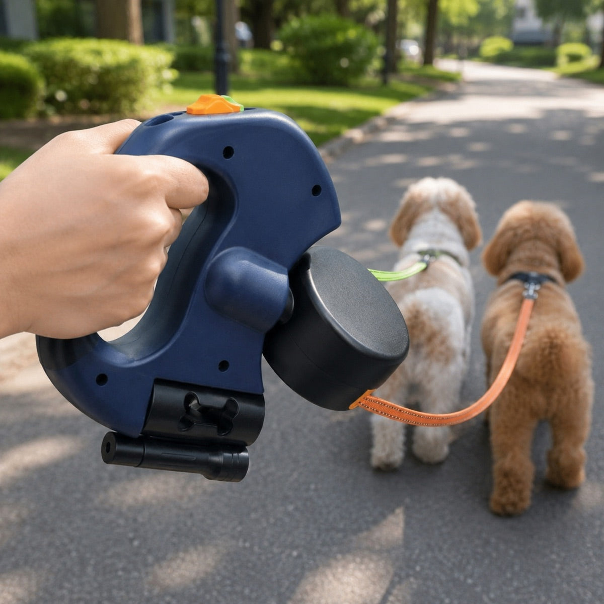 Ortekor Dual Dog Leash – 360° Tangle-Free Retractable with LED Light & Built-In Poop Bag Holder