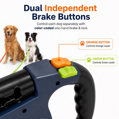 Ortekor Dual Dog Leash – 360° Tangle-Free Retractable with LED Light & Built-In Poop Bag Holder