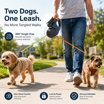 Ortekor Dual Dog Leash – 360° Tangle-Free Retractable with LED Light & Built-In Poop Bag Holder