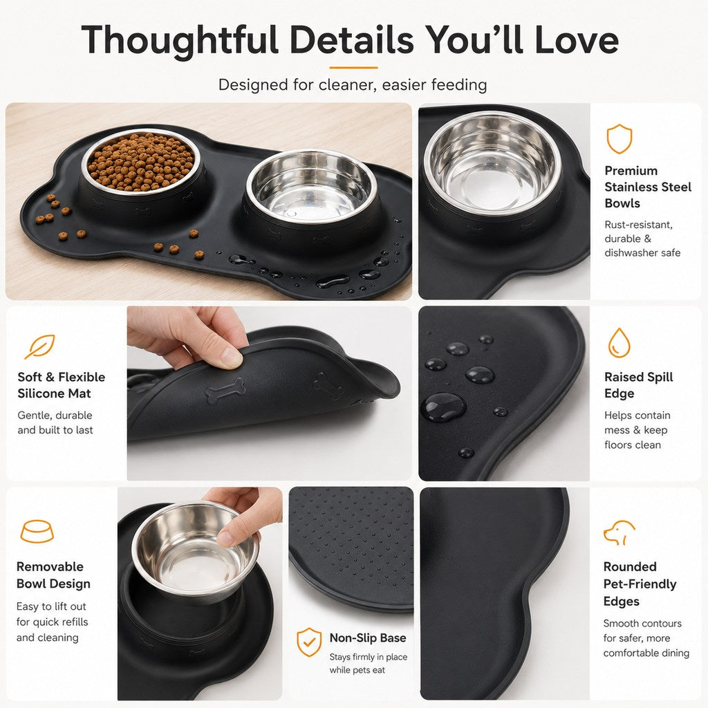 Ortekor Spill-Proof Dual Pet Bowl for Cats & Dogs - Mess-Free Food & Water Station for Cleaner Floors