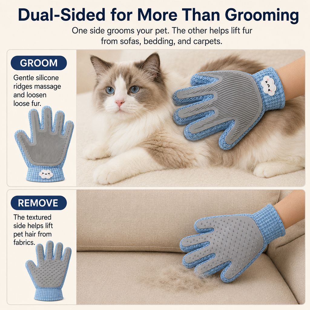 Ortekor Dual-Sided Pet Grooming Glove for Couch & Bath Time - Gentle Deshedding, Massage & Fur Cleanup for Cats &Dogs