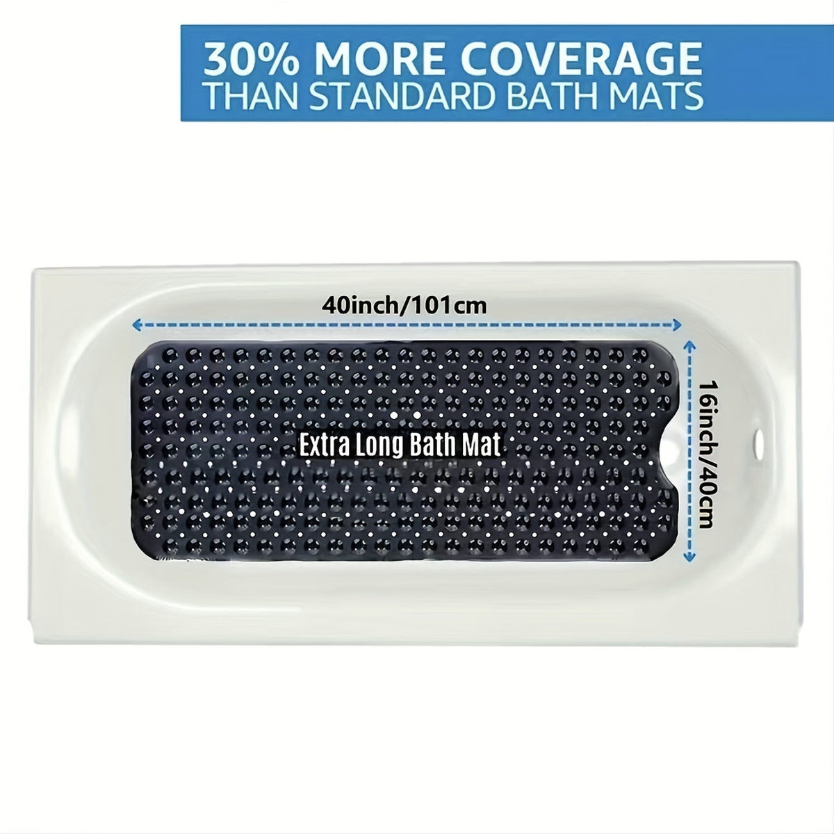 Anti-Slip Shower Floor Mat 40 × 16 Inches Gray PVC Tub Liner with Drainage Holes and Suction Grips for Wet Surfaces