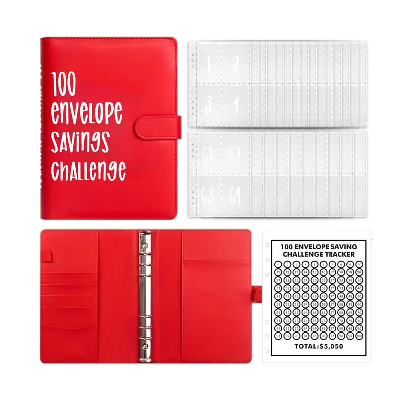 100-Envelope Money Saving Binder with Cash Envelopes for Budget Tracking & Financial Goals | PU Leather Organizer for Home Finance