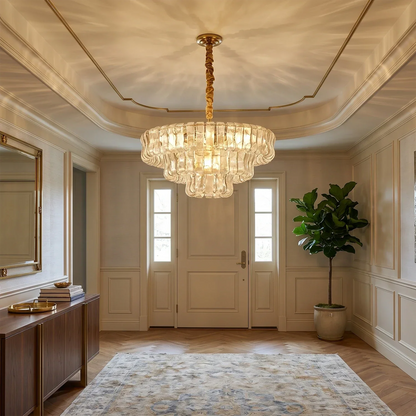 Textured Glass Round Chandelier with Curved Panels in Metallic Finish for Dining Room & Living Room | 24 to 60 Inch
