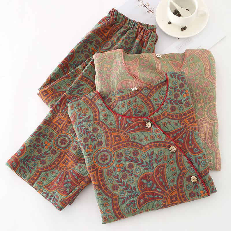 Women's Cotton Pajama Set Round Neck Vintage Jacquard Long Sleeve Loungewear Sleepwear with Side Buttons for Spring Summer Fall