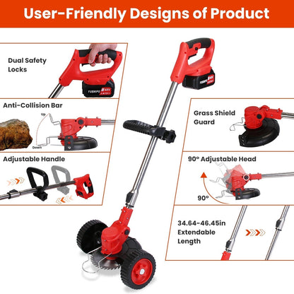 Electric Weed Eater, Electric Weed Wacker, Lawn Edger, Battery Powered Grass Cutter, Battery Weed Trimmer with Wheels
