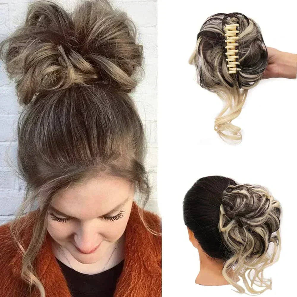 Clip-In Messy Bun Hair Extension with Curly Texture for Women, Synthetic Updo Hairpiece for Everyday & Special Events