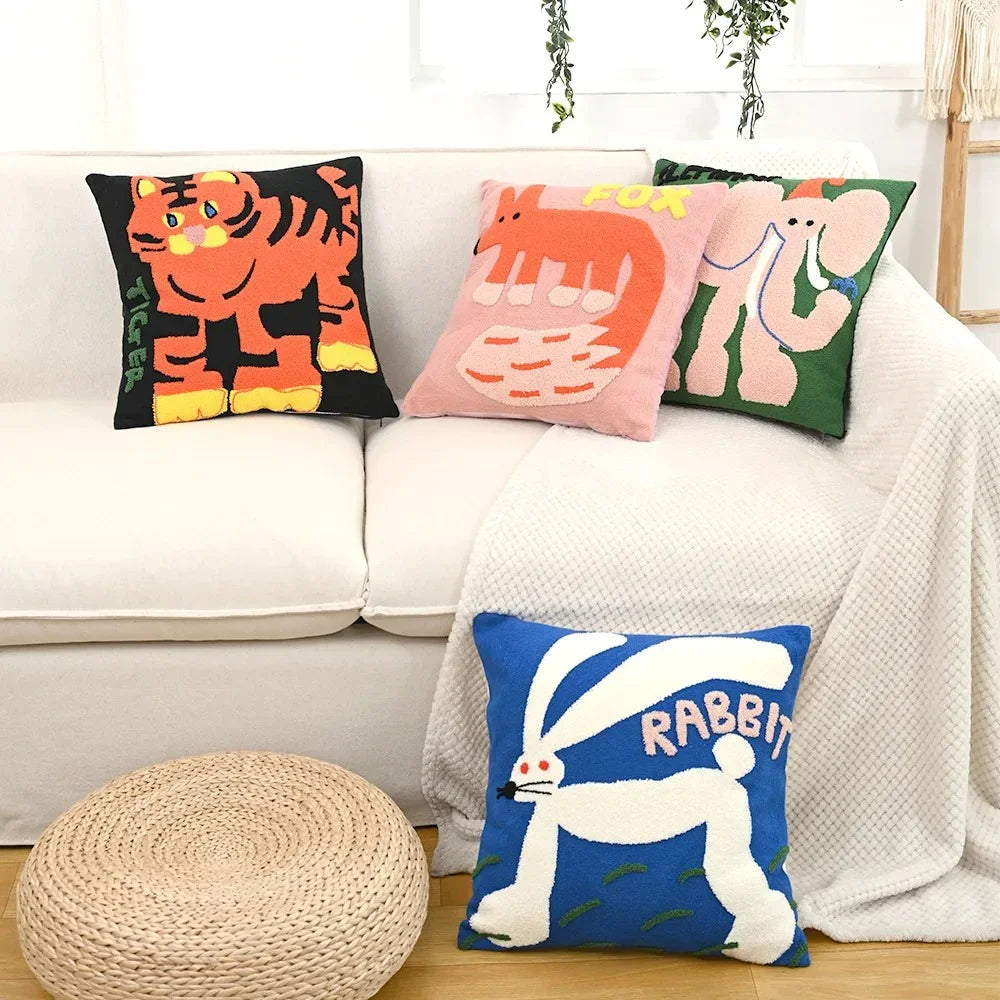 Embroidered Throw Pillow Cover 18x18 Inch Square Animal Motif Scandinavian Style Cotton Poly Blend Slipcase Sofa Bedroom Decor Couch Accent