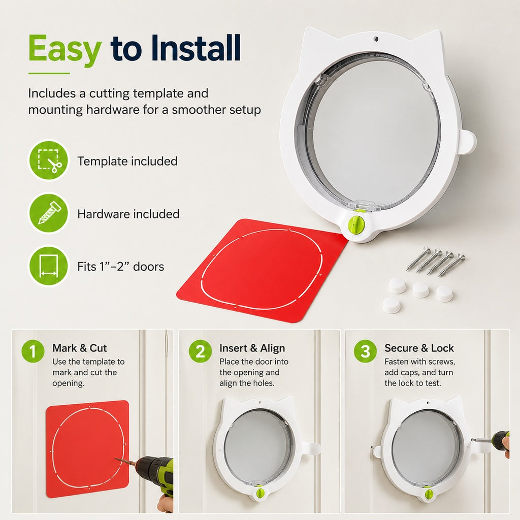 Ortekor 4-Way Locking Interior Cat Door for Litter Box Cabinets & Rooms - Private Access Without Door Scratching