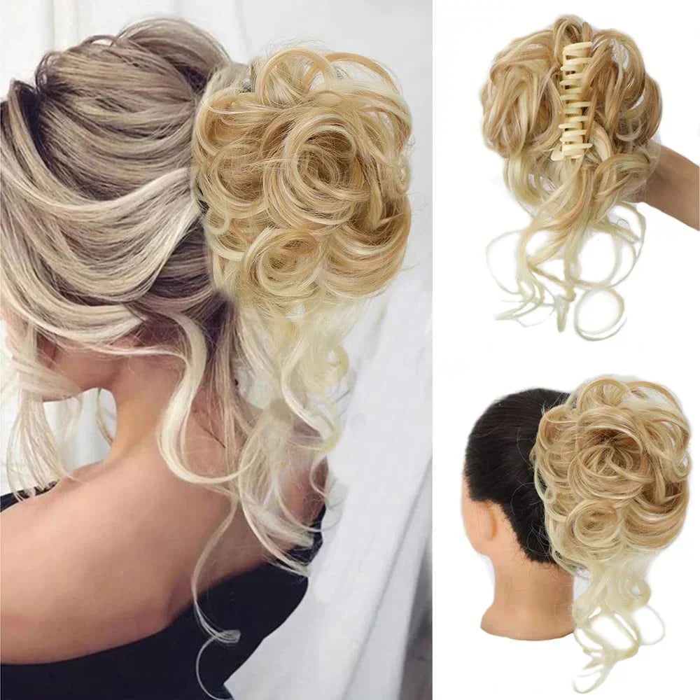Clip-In Messy Bun Hair Extension with Curly Texture for Women, Synthetic Updo Hairpiece for Everyday & Special Events