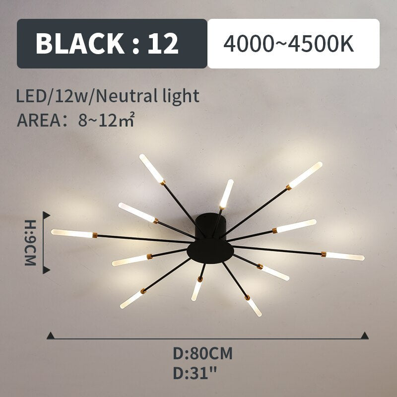 Starburst Flush Mount Ceiling Light Black Gold Modern Firework LED Fixture Bedroom Living Room Natural White Hardwired Indoor