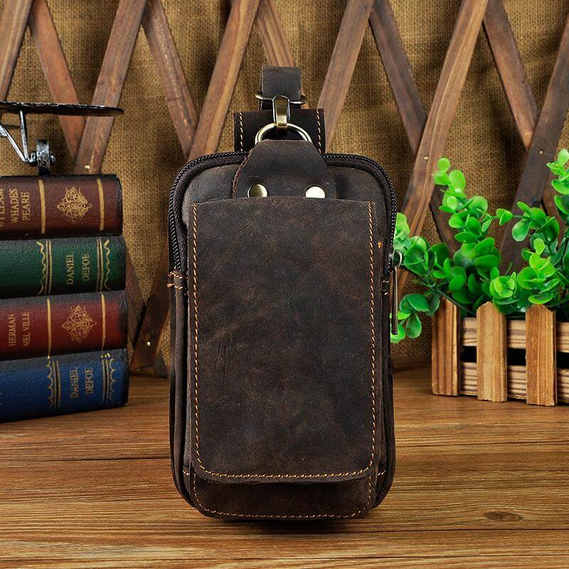 Full-Grain Cowhide Belt Pouch for Men | Zippered Compartment & Magnetic Closure | Adjustable Elastic Strap | Hands-Free Carry for Travel, Co