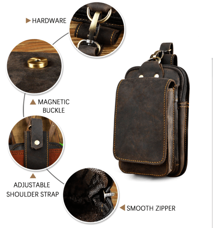 Leather Belt Bag for Men – Adjustable Waist Pack with Zip & Magnetic Closure – Hands-Free Phone & Wallet Organizer for Travel, Work &