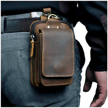 Full-Grain Cowhide Belt Pouch for Men | Zippered Compartment & Magnetic Closure | Adjustable Elastic Strap | Hands-Free Carry for Travel, Co