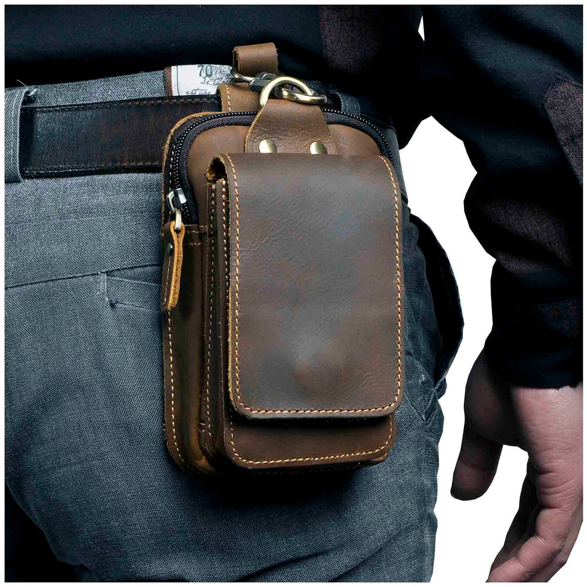 Leather Belt Bag for Men – Full-Grain Cowhide Waist Pack with Adjustable Strap, Magnetic Clasp & Zippered Compartments for Travel, Hiking