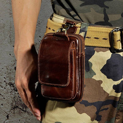 Full-Grain Cowhide Belt Pouch for Men | Zippered Compartment & Magnetic Closure | Adjustable Elastic Strap | Hands-Free Carry for Travel, Co
